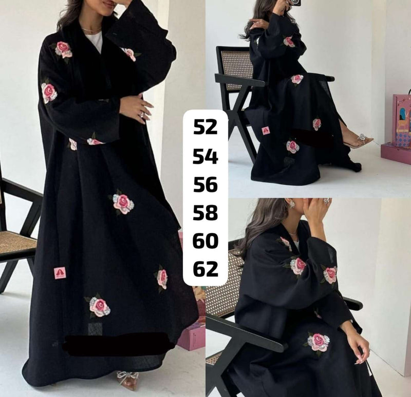 Black Embroidered Rose Abaya