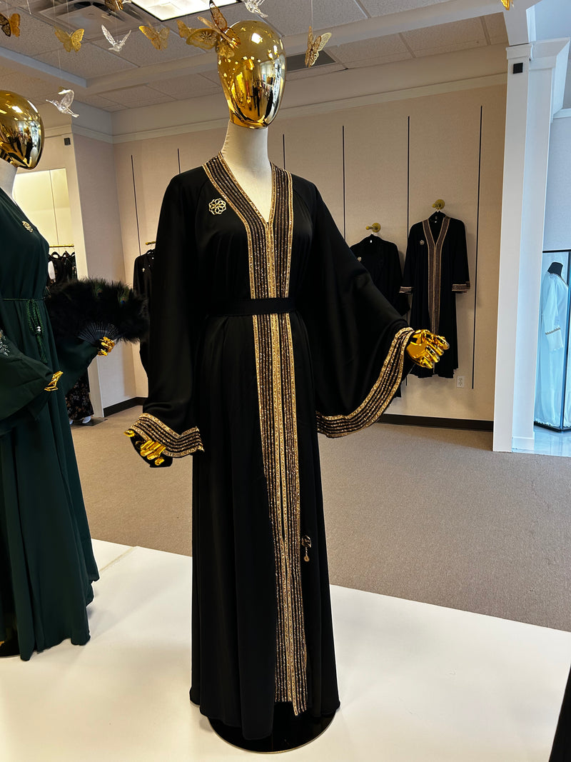 black and gold abaya dress Black & Gold Embroidered Abaya Luxury Hand-Beaded Islamic Evening Dress