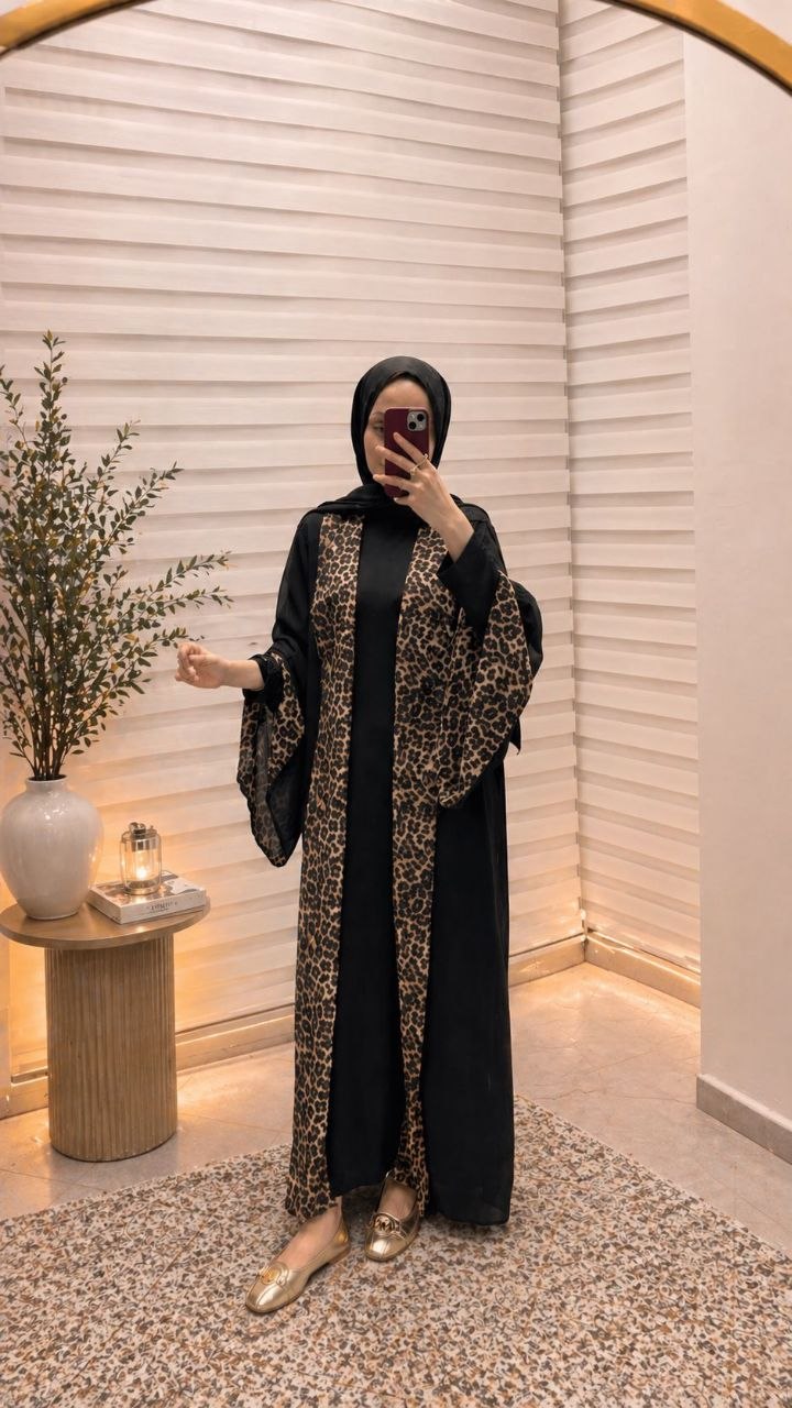 Noir Leopard Open Abaya