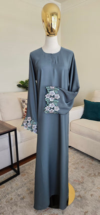 Floral Crystal Embroidered Green Abaya