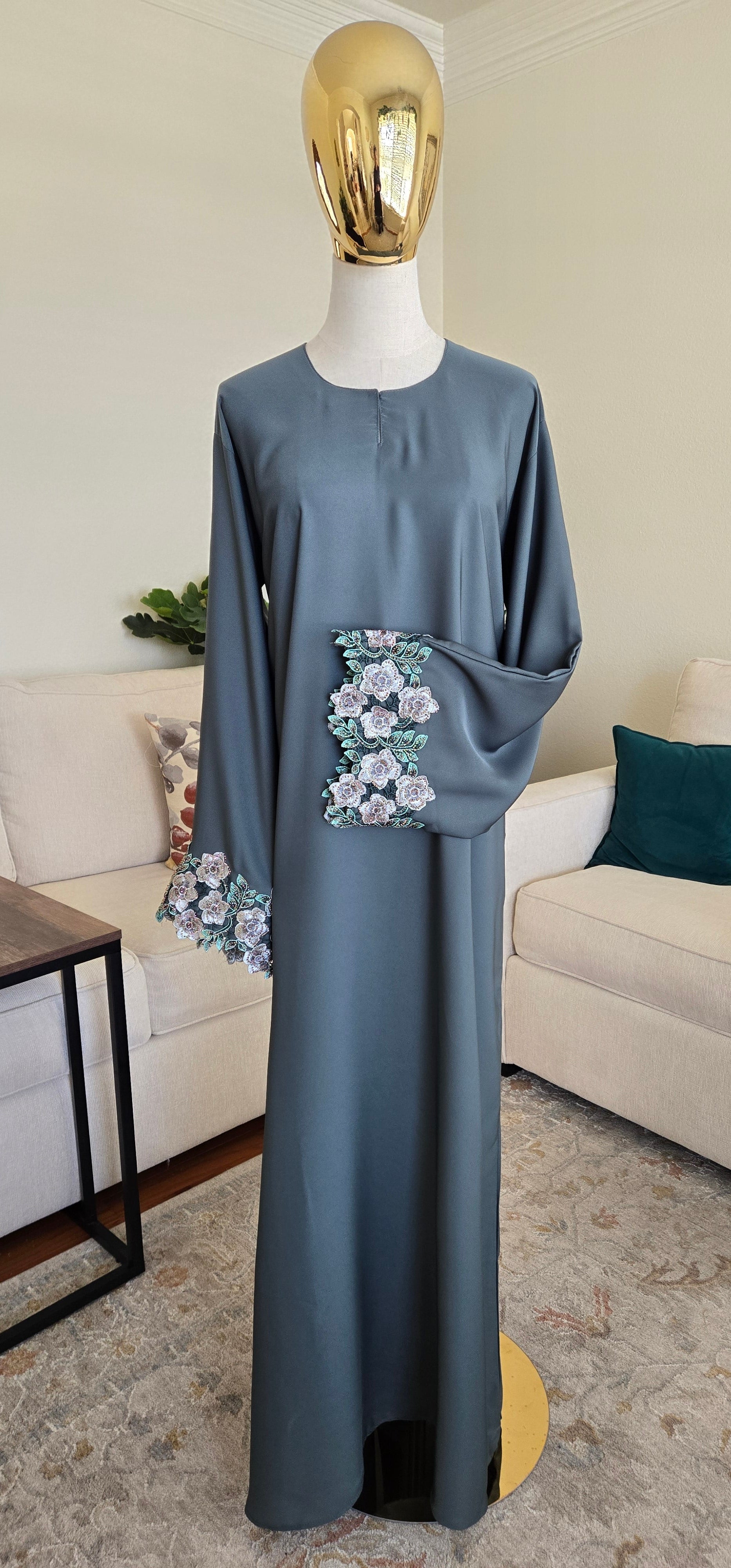 Floral Crystal Embroidered Green Abaya