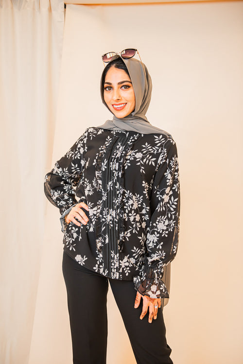 Black Floral Ruffle Front Shirt