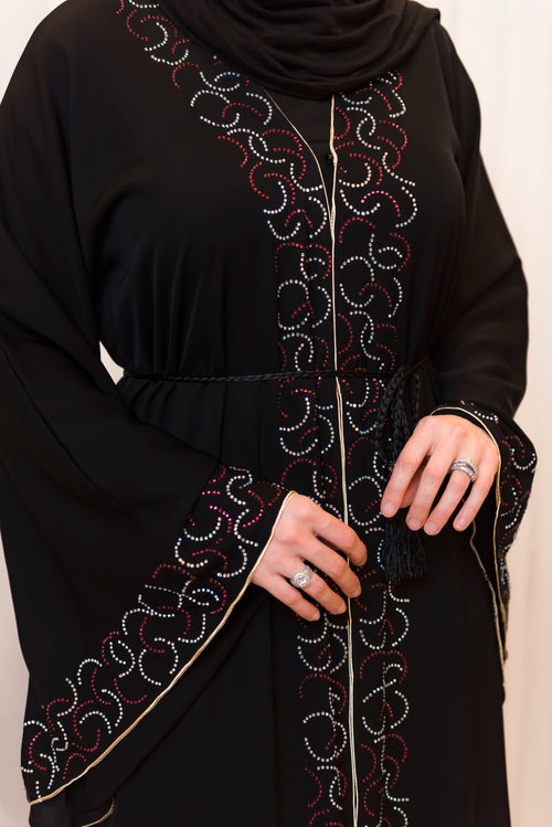 Black Wide Sleeve Rhinestone Abaya