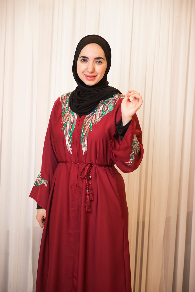 Red Embroidered Leaves Abaya
