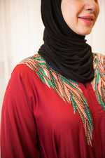 Red Embroidered Leaves Abaya