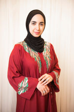 Red Embroidered Leaves Abaya