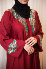 Red Embroidered Leaves Abaya
