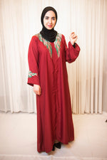 Red Embroidered Leaves Abaya