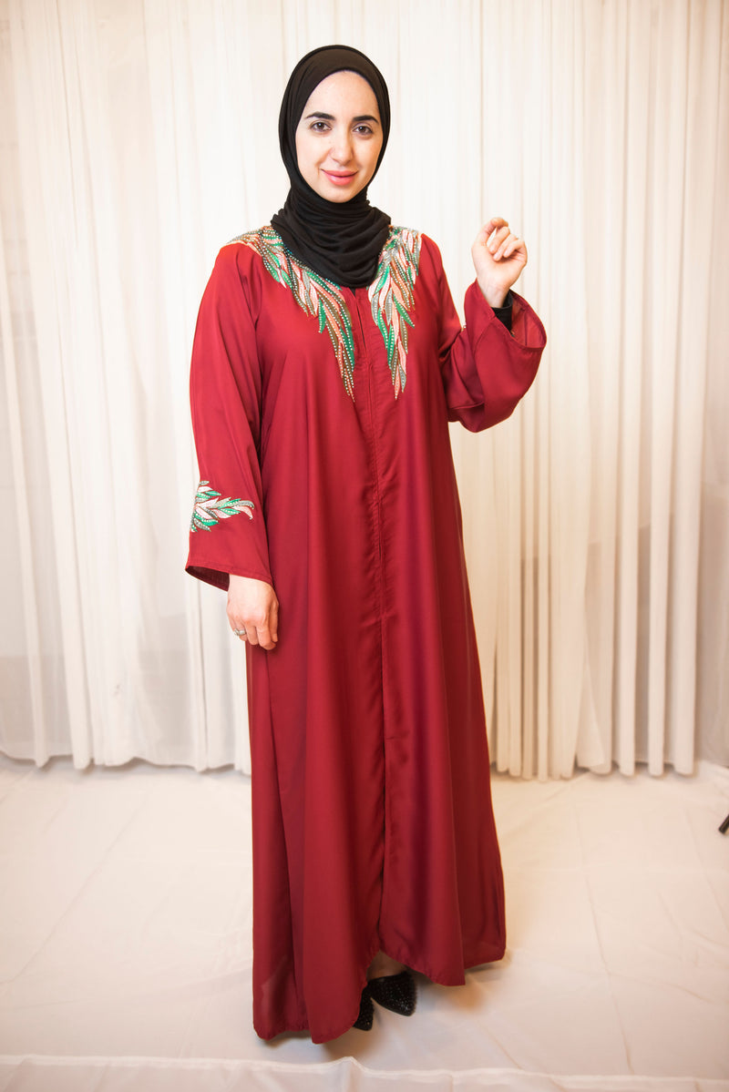Red Embroidered Leaves Abaya